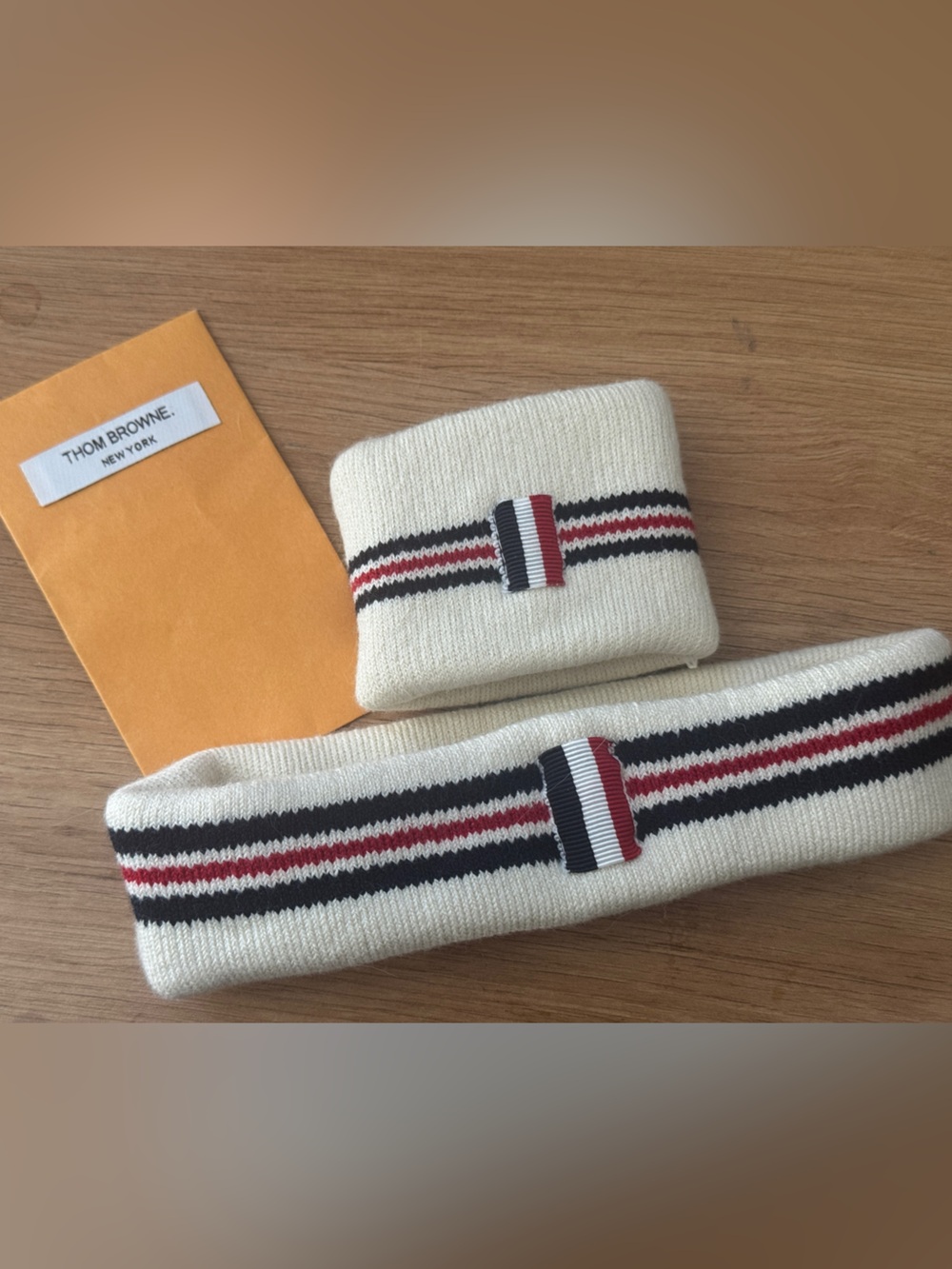 THOM BROWNE Cotton Headband & Wrist Cuff Set Ivory White Knit Stripe *READ